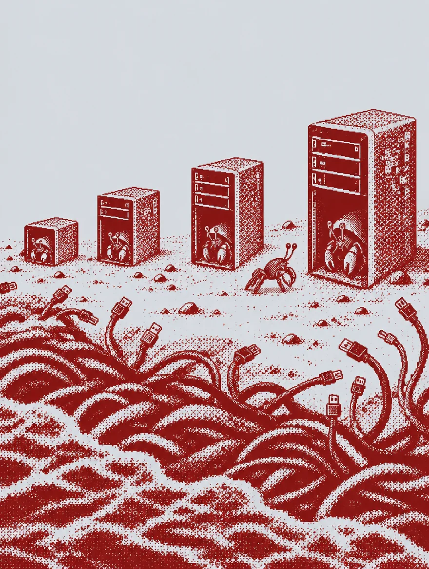 Hermit crabs moving between server-tower shells on a shore of cables